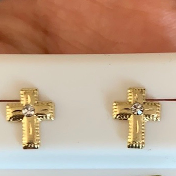 New real 10K yellow Gold with CZ stone Cross Earrings 8x6mm